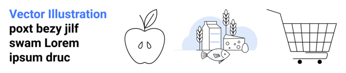 Apple with leaf, dairy products with milk and cheese, and a shopping cart. Ideal for nutrition, grocery stores, healthy eating, diet plans, food blogs, supermarket promotions, e-commerce. Banner