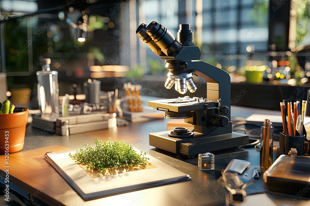 Poster scientific workspace emphasizing a microscope with backlit slide revealing intricate details