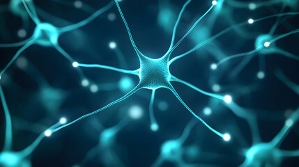 Microscopic view of a neuron network, intricate neural connections, glowing teal synapses, complex biological structure, scientific background.