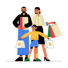 Family Shopping Together Holding Bags And Gifts In Flat Vector Illustration Symbolizing Bonding, Retail, And Festive Shopping, Isolated On White Background
