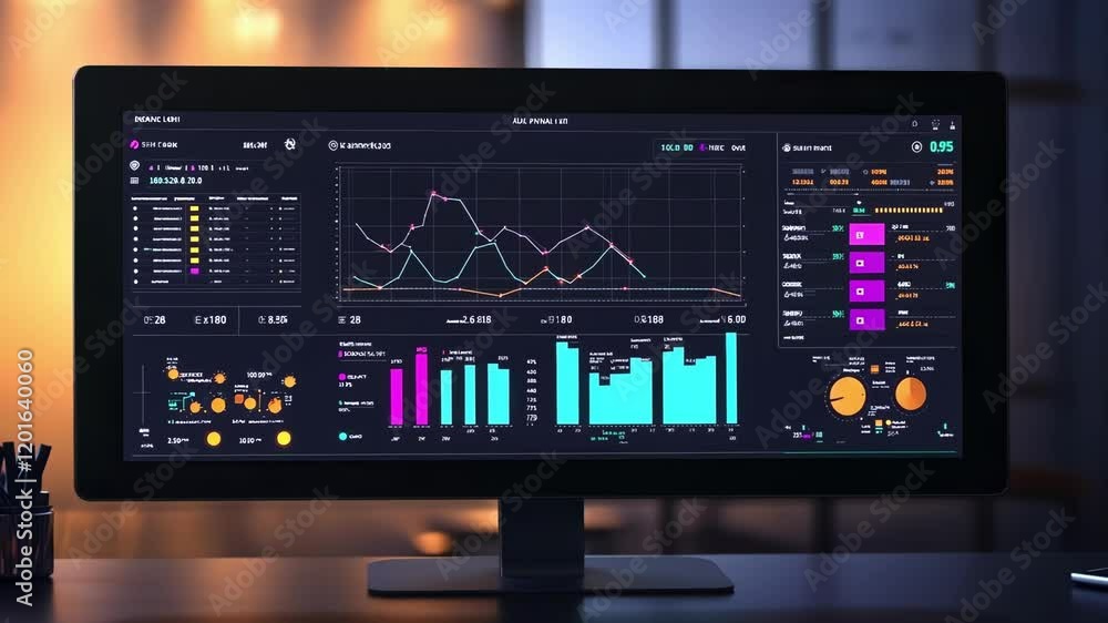 Poster financial data analysis dashboard displaying various charts, graphs, and metrics on a computer scree