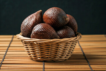  A group of fresh salak fruits in a wicker basket on a wooden surface.