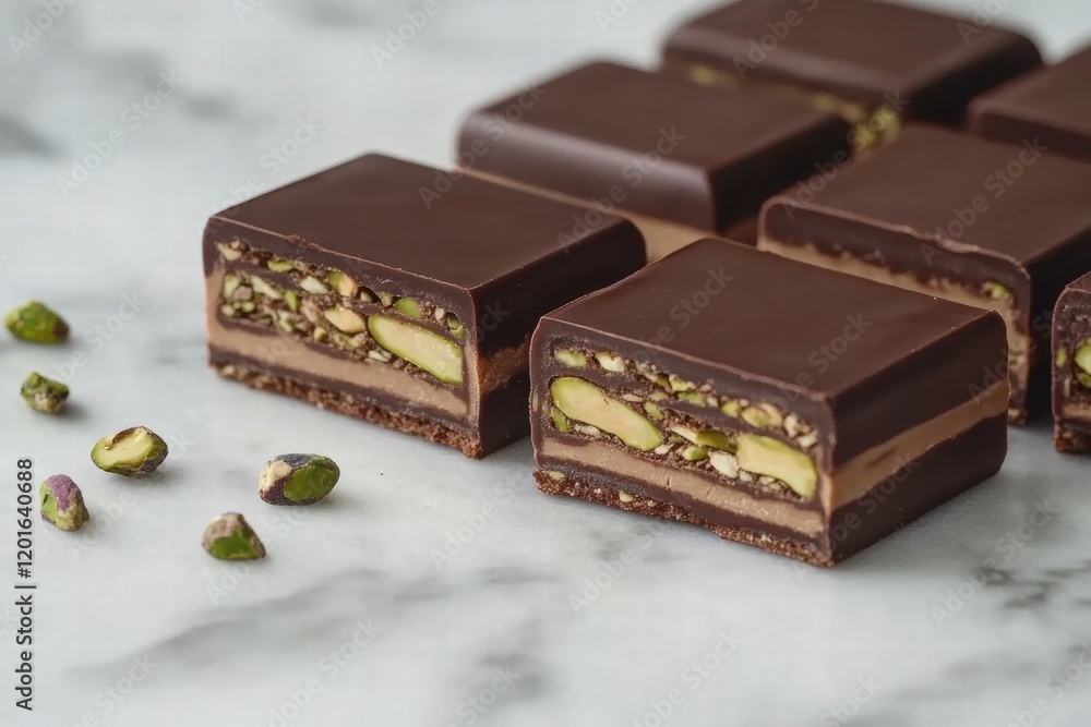 Poster decadent chocolate bar featuring rich pistachio paste filling and crunchy nuts on a marble backgroun
