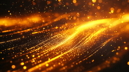 Obraz premium An abstract image with golden sparkles and light radiating in waves into the depths of a dark space. 