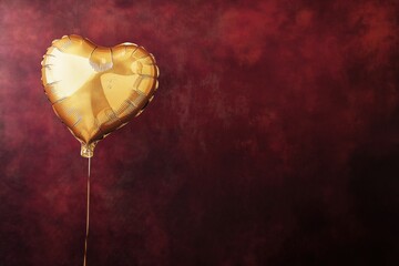 A shiny golden heart-shaped balloon floating against a rich red textured background, symbolizing...