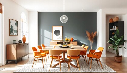 Modern Dining Room Interior Design with Orange Chairs and Dark Gray Wall