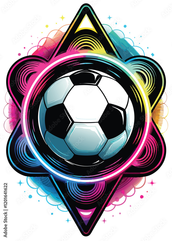 Aufkleber a vibrant soccer ball nestled amidst a whirlwind of abstract geometric patterns, creating a dynamic 