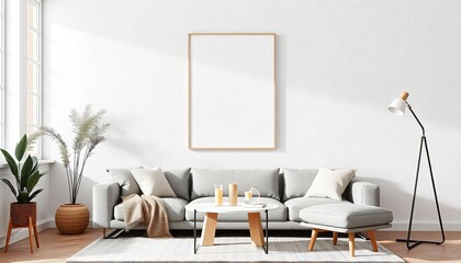 Modern Minimalist Living Room Interior Design with Grey Sofa Wooden Coffee Table and Blank Canvas
