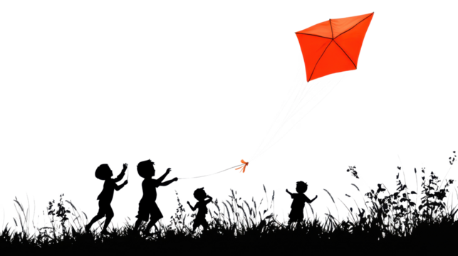 Silhouette of children playing with kite isolated on white background 