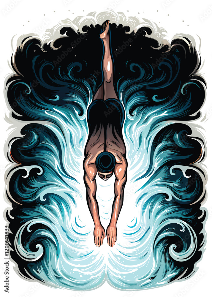 Aufkleber a dynamic image of a swimmer diving into water that morphs into abstract swirling colors, showcasing