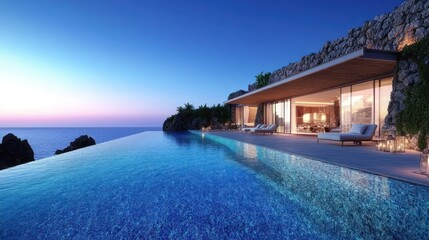 Fototapeta premium Cliffside luxury villa with infinity pool at sunset.