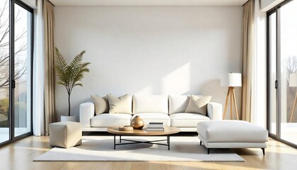 Modern Minimalist Living Room Interior Design White Sofa Beige Decor Natural Light