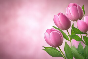 Obraz premium Three delicate pink tulips bloom gracefully in a clear vase, surrounded by vibrant green leaves, embodying the essence of love and beauty this Valentine's Day.
