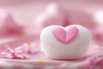 Fototapeta premium A delightful white cupcake adorned with a charming pink heart, perfect for celebrating love on Valentine's Day with sweetness and joy.