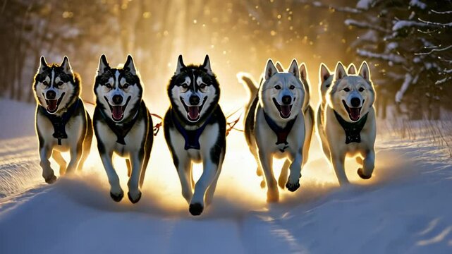 A team of huskies running energetically through snowy terrain, creating a vibrant winter scene.