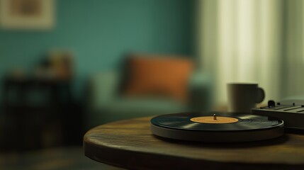Relaxing atmosphere in a living room, a vinyl record player sits on a wooden table, with a coffee cup nearby. A cozy and calm scene.