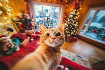 Cute cat selfie in festive decorated room interior