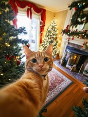 Orange cat selfie with Christmas tree in background.