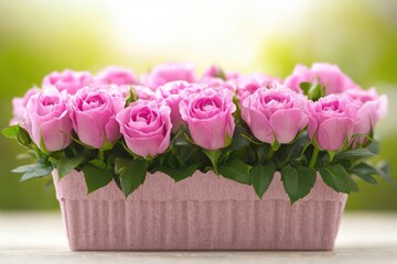 A charming pink flower pot brimming with delicate pink roses, radiating love and warmth, perfect for celebrating the spirit of Valentine's Day.