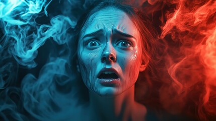 The woman&rsquo;s face contorts with fear, her wide eyes and open mouth framed by a swirling mist of eerie blue and red, creating a hauntingly dramatic scene.