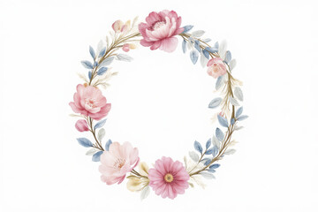 Hand drawn watercolor floral wreath representing harmonious beauty with space for text.