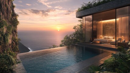Fototapeta premium Cliffside infinity pool villa sunset view.