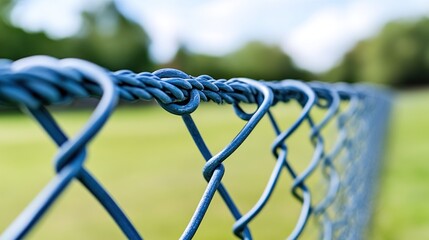 Close-up of a blue chain link fence in a park.