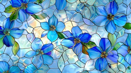 Stained glass window Blue flowers floating on water with a seamless floral pattern background