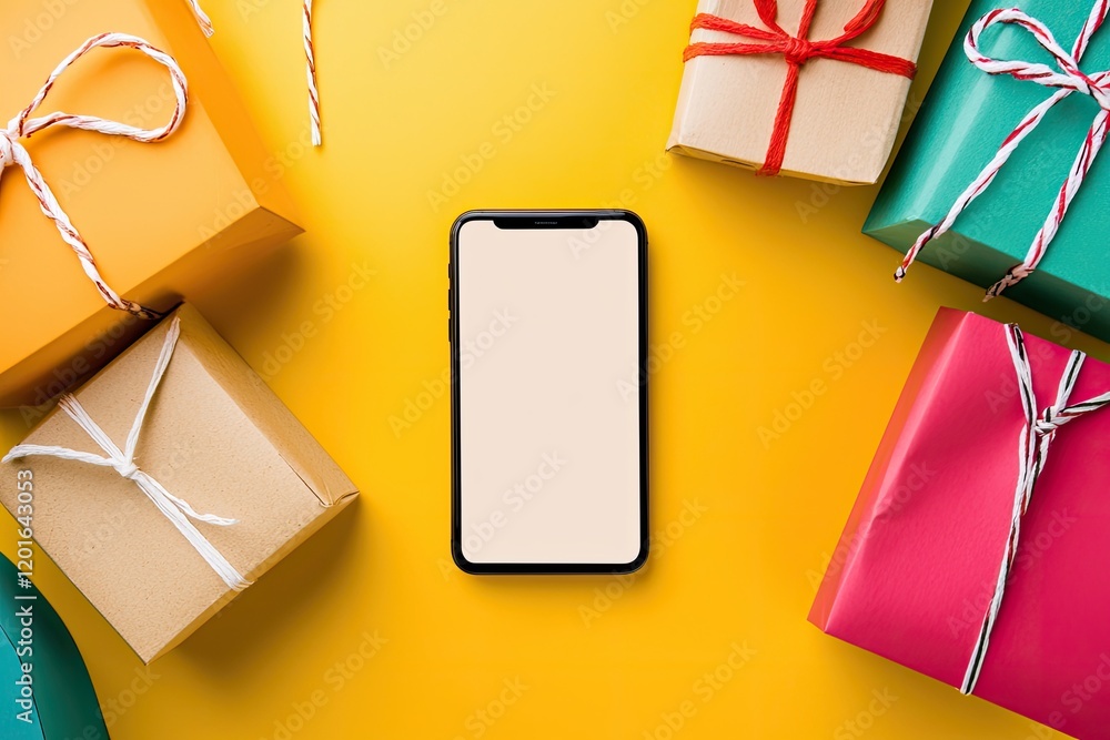 Poster online shopping experience with a smartphone surrounded by shopping items on a simple table