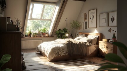 Sunlit Attic Bedroom with Plants and Wooden Furniture