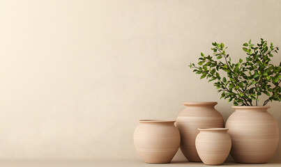 Fototapeta premium Decorative clay pots arrangement with greenery modern interior still life minimalist design natural aesthetic