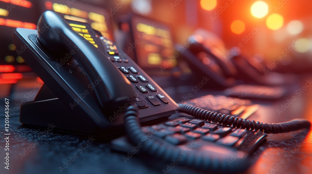 Poster close-up of a desk phone and keyboard in a control room.
