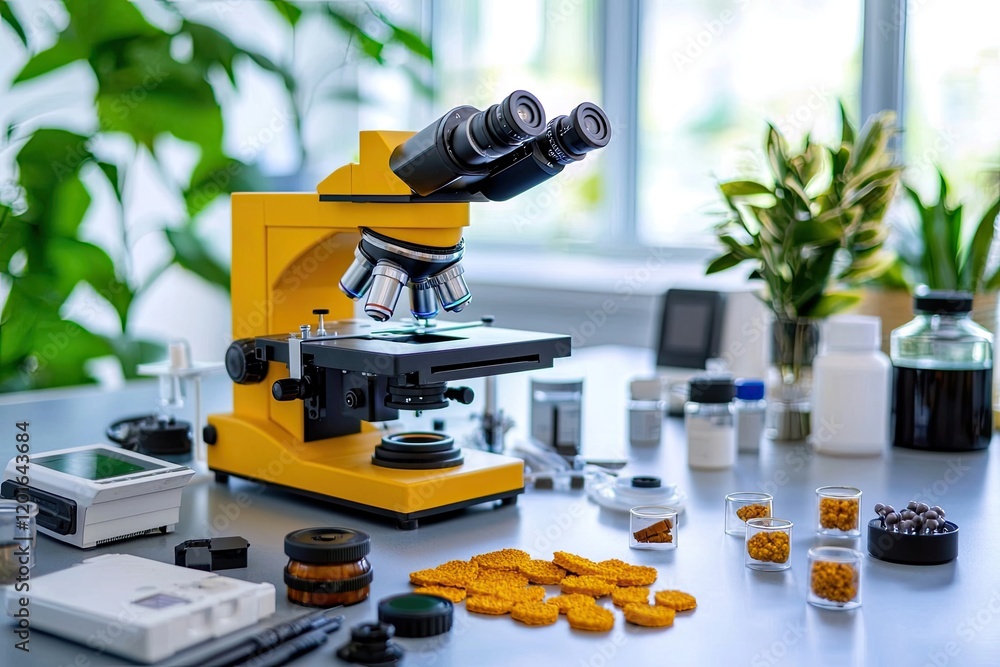 Poster laboratory scene with an electron microscope and various material samples laid out for study