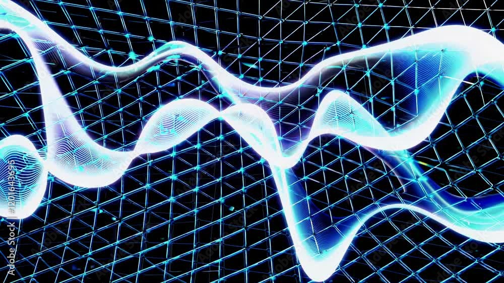 Poster digital blue wavy lines flowing dynamically over interconnected grid network, visualizing complex da