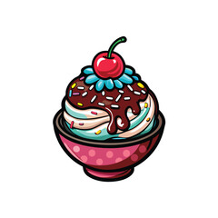 Create a vibrant vector art illustration of a bowl filled with scoops of ice cream, adorned with a bright red cherry on top.