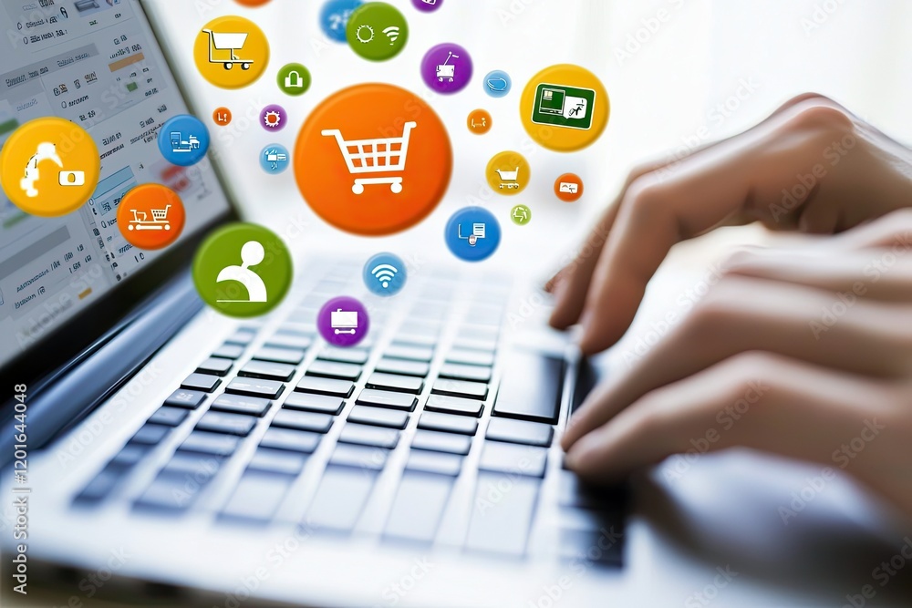 Poster hands typing on a keyboard with shopping lists and digital payment icons floating around