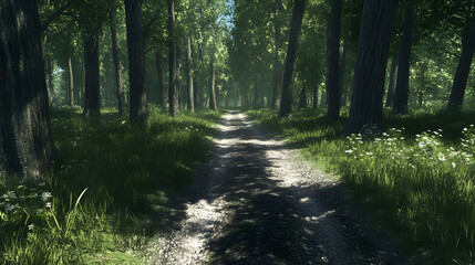 Fototapeta premium Serene forest path illuminated by sunlight through lush green trees