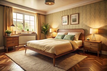 Vintage Beige Bedroom Bed, Side Angle View, Quiet Interior Design