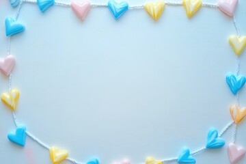 A whimsical display of vibrant hearts strung together, creating a playful celebration of love that dances in the air, perfect for Valentine's Day.