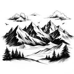 A black and white drawing of a mountain range with trees and mountains
