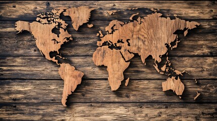 Wooden World Map on Rustic Background