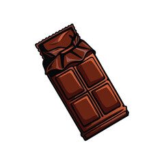 A realistic vector illustration of a single bar of dark chocolate, partially unwrapped, with a focus on the rich, dark brown color and smooth texture of the chocolate.
