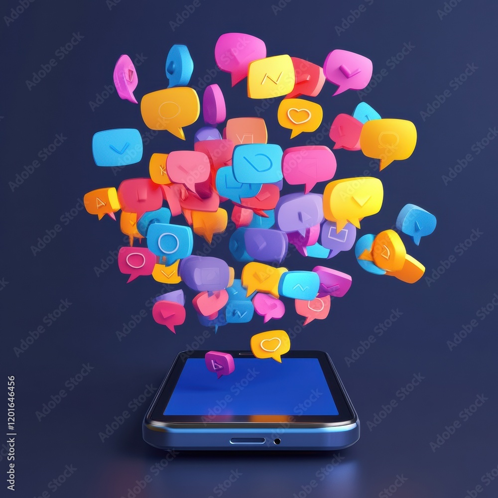 Aufkleber Bright chat bubbles flow from a smartphone in a vibrant digital communication display in a modern environment. Generative AI