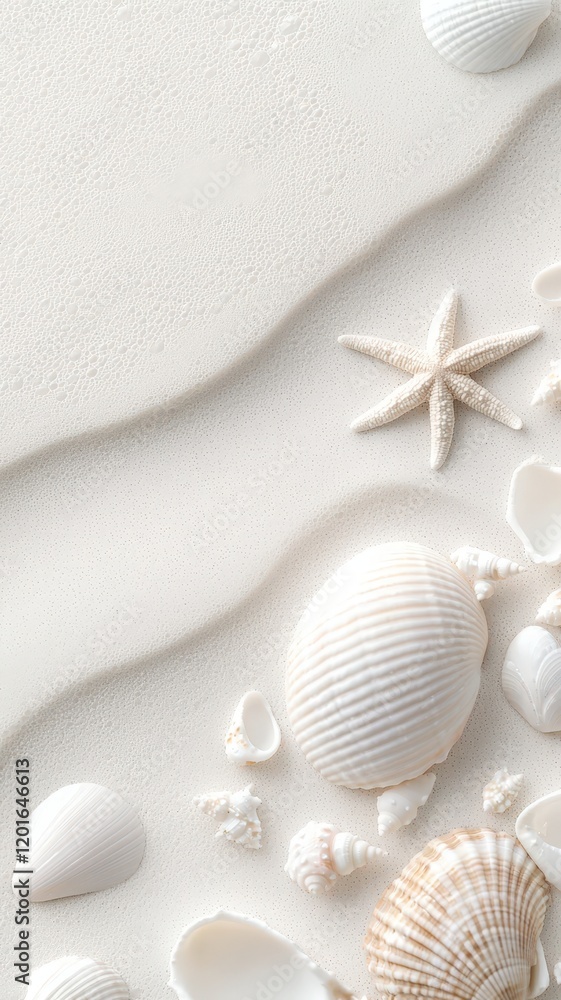 Poster soft wave gently washing white sand beach with top view seashells and starfishes creating a tranquil