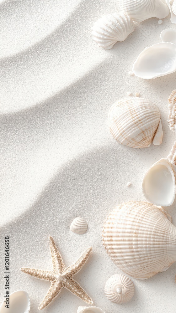 Poster soft wave gently washing white sand beach with top view seashells and starfishes creating a tranquil