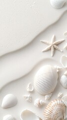 Soft wave gently washing white sand beach with top view seashells and starfishes creating a tranquil summer aesthetic seaside scene background Copy space for text