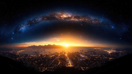 Fototapeta premium Cityscape sunrise with Milky Way, harbor, mountains. Ideal for travel posters