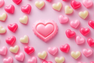 Fototapeta premium A vibrant heart-shaped candy glistens at the center, embraced by a flurry of smaller hearts, embodying the sweet essence of love and affection.