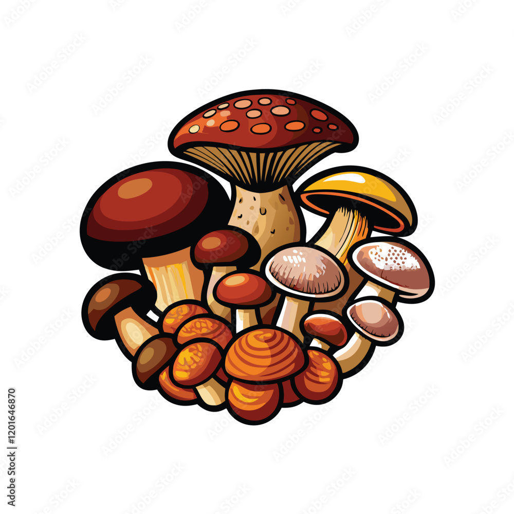 Aufkleber create a colorful and whimsical vector illustration showcasing a diverse collection of mushrooms in 