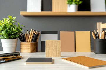Creative workspace featuring mood board for startup branding and logo design, elements like colors and fonts, neutral background